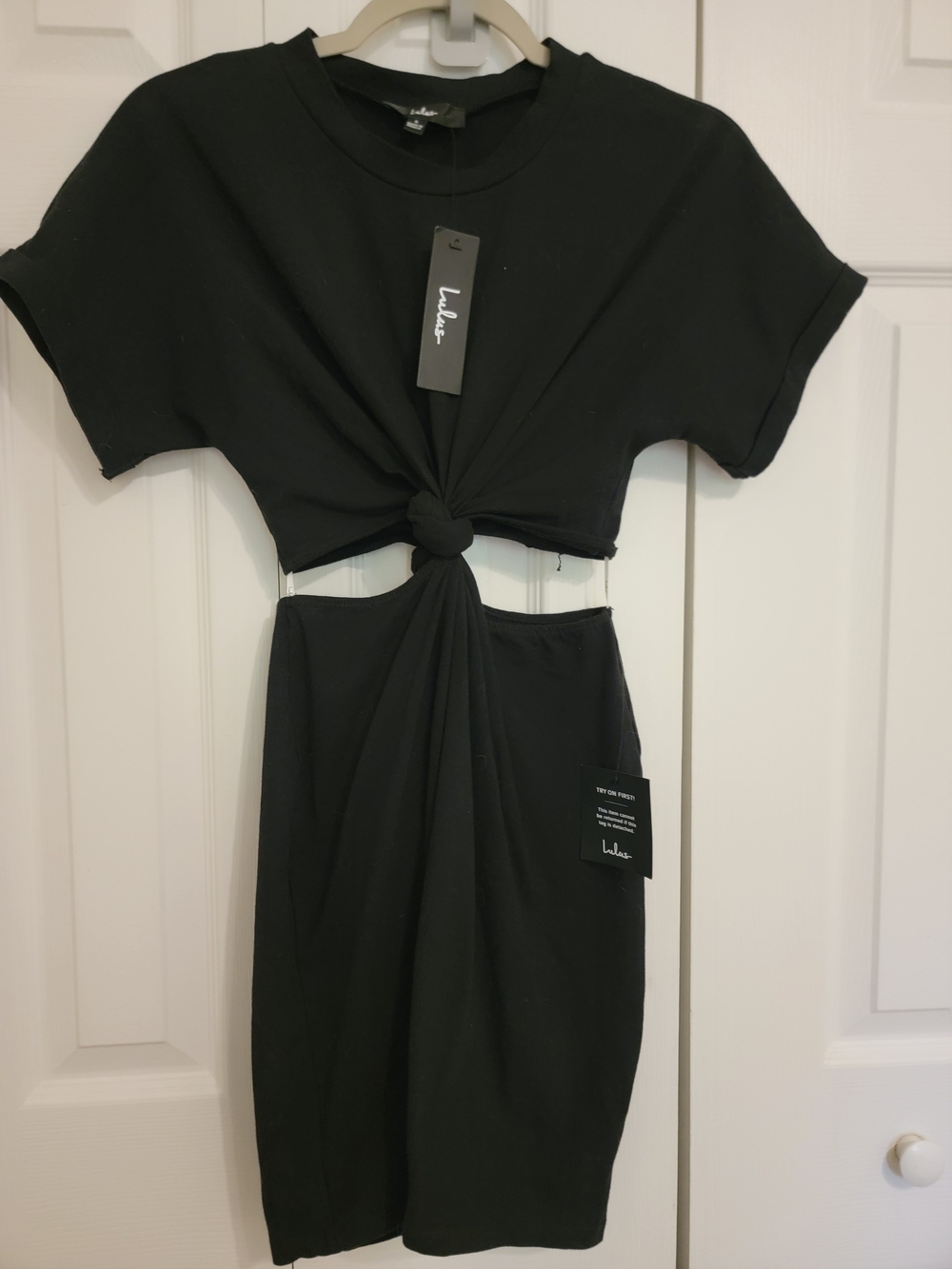 Lulu's Black Knot-Front Cutout Midi Dress with Short Sleeves